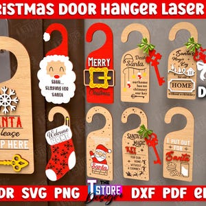 Op de afbeelding: Tien kerstdeurhangerontwerpen voor lasersnijden. De ontwerpen bevatten de kerstman, een sok, een sneeuwvlok, een sleutel en de tekst "Santa Please Stop Here".