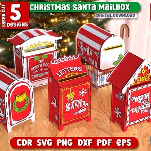 Puede incluir: Una colección de cinco buzones de Papá Noel navideños cortados con láser en rojo y blanco. Cada buzón presenta diseños únicos, con textos como "Letters", "Santa Mail" y "North Pole Express Mail". La imagen también incluye el texto "5 Designs".