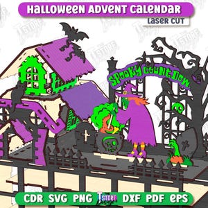 May include: A laser-cut Halloween advent calendar featuring a spooky scene with a witch, tombstones, and a haunted house. The design includes the text "Spooky Countdown Now" and "Halloween Advent Calendar".