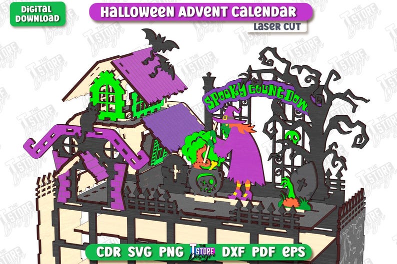 May include: A laser-cut Halloween advent calendar featuring a spooky scene with a witch, tombstones, and a haunted house. The design includes the text "Spooky Countdown Now" and "Halloween Advent Calendar".