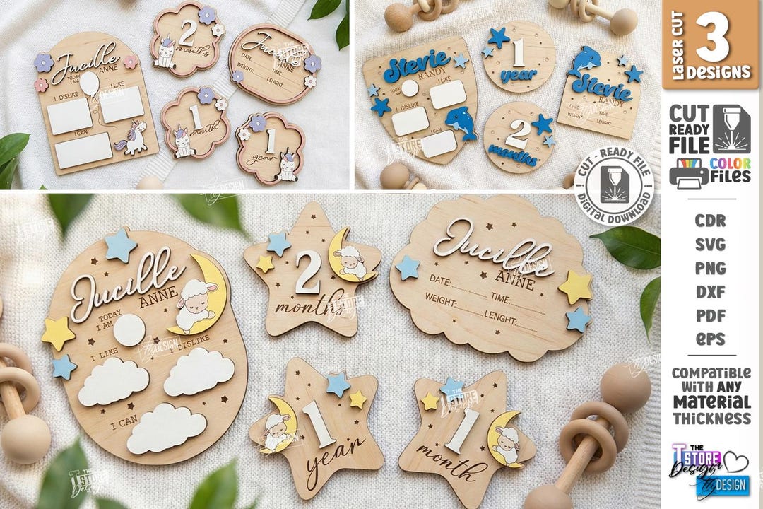 Baby Milestone Cards Laser Cut - Newborn Monthly Tracker Set - Birth ...