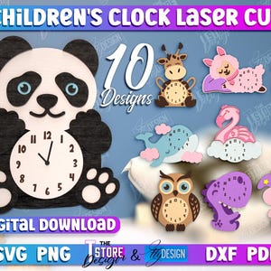 Paquete de reloj 3D para niños cortado con láser, reloj de pared para habitación de niños svg, habitación de bebé, reloj de pared de animales 3D cortado con láser, lindo reloj de pared de dinosaurio para bebé, decoración de habitación de niño