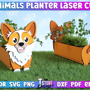 May include: Laser cut planter design featuring a cute cartoon corgi dog. The planter is made of wood and is perfect for small plants. The design is available in a variety of formats, including CDR, SVG, PNG, DXF, PDF, and EPS.