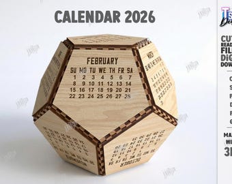 Pacote de Calendários em SVG para Corte a Laser | Design SVG para Casa | Arquivos para Corte a Laser | Calendário Dodecaedro 2026