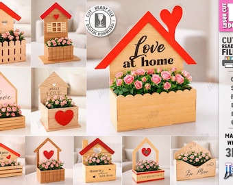 Conjunto de vasos de madeira 3D para o Dia dos Namorados, cortados a laser, floreira para casa, estilo fazenda em SVG, mini jardim para o Dia dos Namorados, floreira, frases para o Dia dos Namorados.