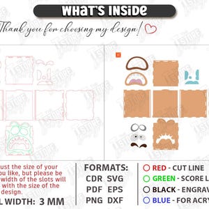 May include: Digital cut file with various shapes and outlines, including a monster face, box components, and text. The design includes the text "WHAT'S INSIDE" and "Thank you for choosing my design!" with color-coded lines for cutting and engraving.