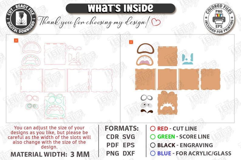 May include: Digital cut file with various shapes and outlines, including a monster face, box components, and text. The design includes the text "WHAT'S INSIDE" and "Thank you for choosing my design!" with color-coded lines for cutting and engraving.