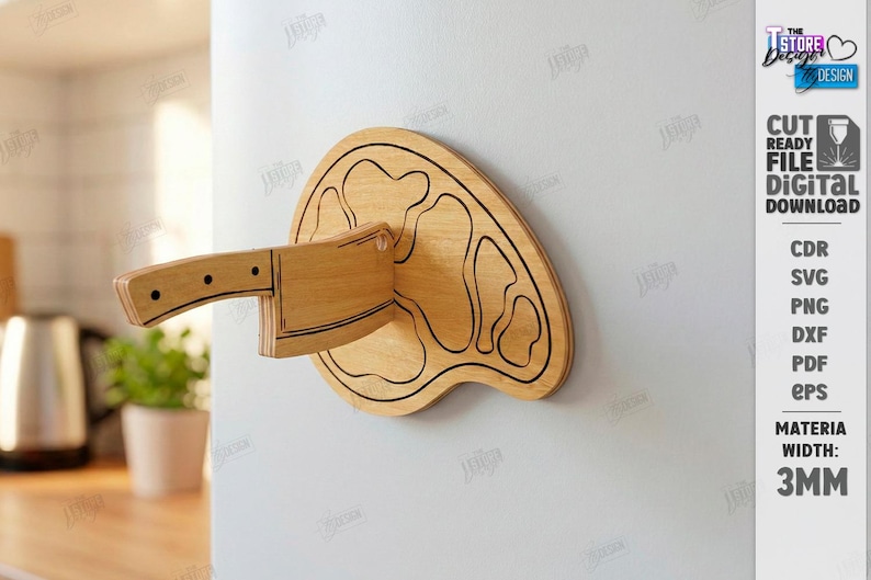 Puede incluir: Una cuchilla de madera y una tabla de cortar de madera est&aacute;n montadas en una pared blanca. La cuchilla es de madera marr&oacute;n claro con detalles en negro. La tabla de cortar tiene una forma &uacute;nica y un contorno negro. Ancho del material: 3 mm.