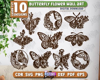 Arte mural de mariposas y flores cortado a láser, decoración de madera para pared, arte de mariposas, decoración de mariposas, arte floral para pared SVG, decoración del hogar