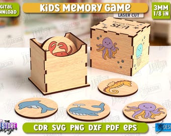 Kids Memory Game Laser Cut, Sea Animals, Board Kids Game, Matching Game, Montessori Game, Memory Game with Holder Box, Educational Toy