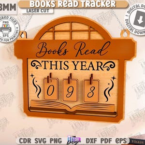Puede incluir: Rastreador de madera "Libros le&iacute;dos este a&ntilde;o" con dise&ntilde;o cortado con l&aacute;ser. Cuenta con una parte superior arqueada decorativa y un espacio para rastrear los libros le&iacute;dos. Incluye los n&uacute;meros 0, 9 y 3. Incluye una opci&oacute;n de descarga digital.