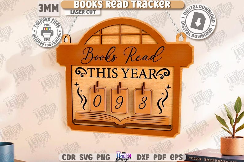 Puede incluir: Rastreador de madera "Libros le&iacute;dos este a&ntilde;o" con dise&ntilde;o cortado con l&aacute;ser. Cuenta con una parte superior arqueada decorativa y un espacio para rastrear los libros le&iacute;dos. Incluye los n&uacute;meros 0, 9 y 3. Incluye una opci&oacute;n de descarga digital.