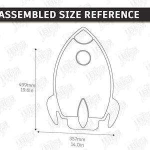 May include: A black and white line drawing of a rocket ship with dimensions labeled. The rocket is 19.6 inches tall and 14.0 inches wide. The text "ASSEMBLED SIZE REFERENCE" is at the top.