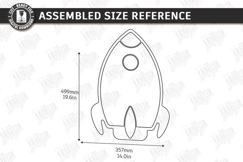 May include: A black and white line drawing of a rocket ship with dimensions labeled. The rocket is 19.6 inches tall and 14.0 inches wide. The text "ASSEMBLED SIZE REFERENCE" is at the top.