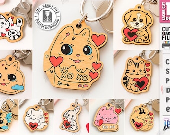 3d Valentines funny love keychain laser cut bundle, Valentine's Day key ring laser cut files, wooden key ring, kids laser cut, love svg