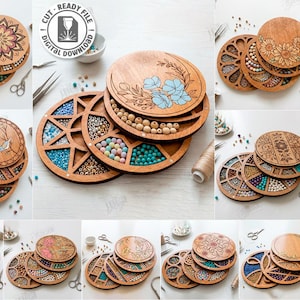 May include: Wooden craft organizers with various laser-cut designs, including floral and geometric patterns. Each organizer has multiple compartments filled with beads and other craft supplies. The image displays 10 different designs, ready for digital download.