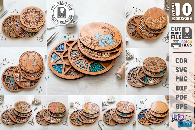 May include: Wooden craft organizers with various laser-cut designs, including floral and geometric patterns. Each organizer has multiple compartments filled with beads and other craft supplies. The image displays 10 different designs, ready for digital download.