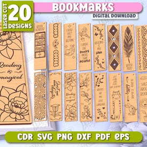 May include: A set of 20 laser cut bookmark designs featuring various themes, including floral patterns, books, coffee, and dogs. The designs are in black and white and are ready to be cut out and used as bookmarks.