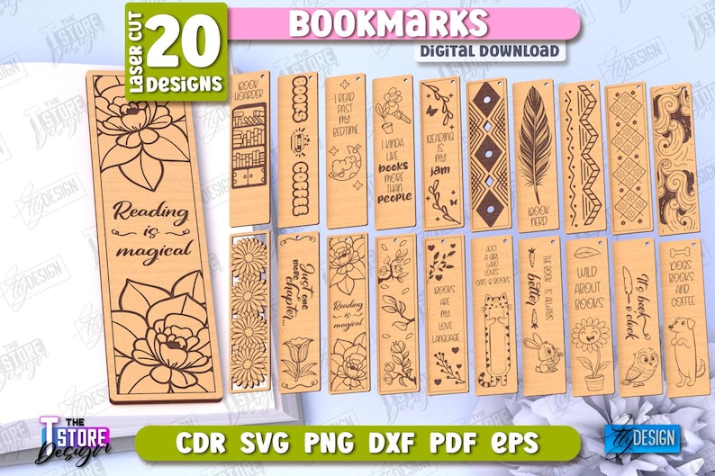 May include: A set of 20 laser cut bookmark designs featuring various themes, including floral patterns, books, coffee, and dogs. The designs are in black and white and are ready to be cut out and used as bookmarks.
