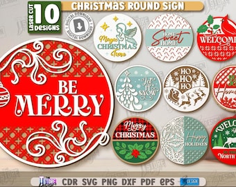 Paquete de letreros navideños redondos 3D cortados con láser, letrero navideño redondo en capas, citas navideñas SVG, colgador de puerta navideño, letrero de invierno, letreros de bienvenida