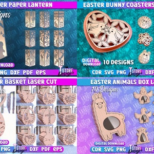 May include: Digital download of 10 laser cut designs for Easter paper lanterns, bunny coasters, baskets, and animal boxes. The designs are in SVG, PNG, DXF, PDF, and EPS formats.