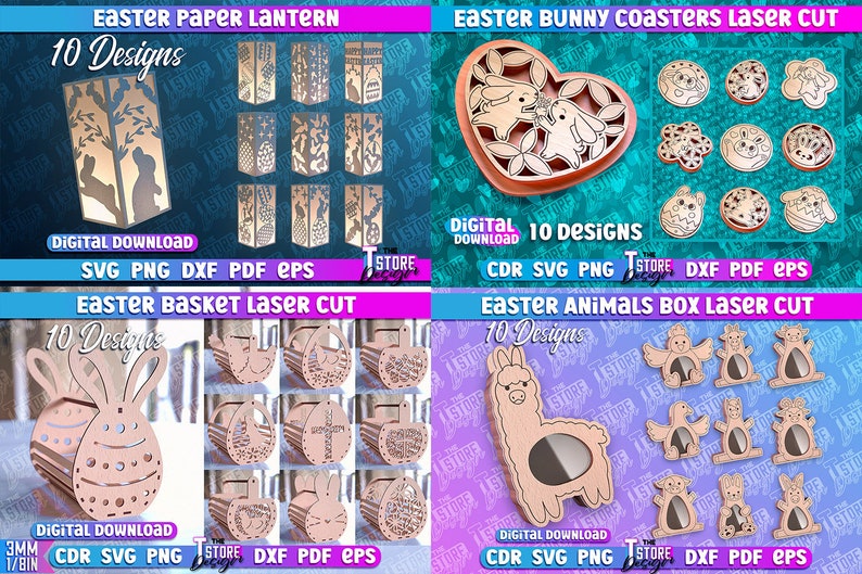 May include: Digital download of 10 laser cut designs for Easter paper lanterns, bunny coasters, baskets, and animal boxes. The designs are in SVG, PNG, DXF, PDF, and EPS formats.