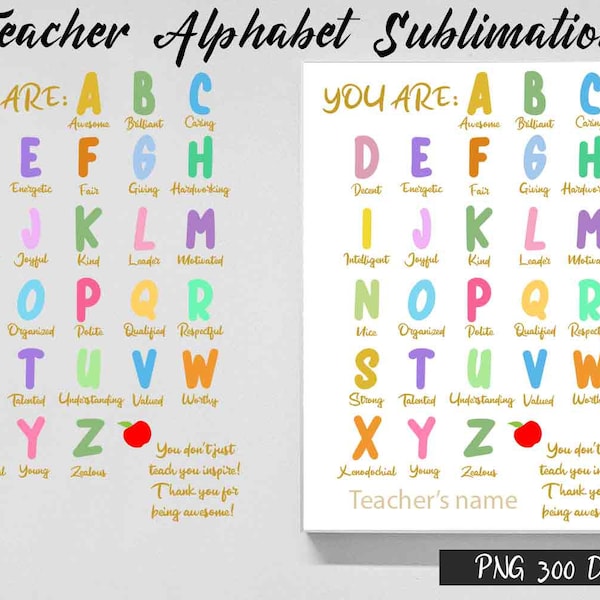 Teacher Alphabet Sublimation Design | Teacher PNG File | CNC File