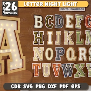 3d letter wooden led night light laser cut bundle, alphabet led light box laser cut, kids night lanterns, A-Z night light lamp laser cut