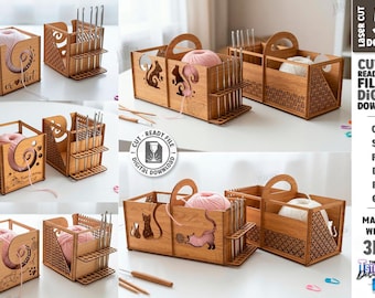 Garn Organizer Box SVG - Häkeln Organizer Laser Cut - Aufbewahrung für Garne - Garn Halter Mit Haken Ständer - Handwerk Organizer - Glowforge Datei