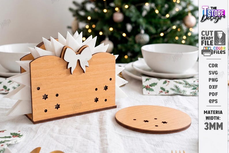 May include: A light brown wooden napkin holder featuring a white bow cutout at the top and star-shaped perforations on the sides, accompanied by a matching round wooden coaster with small star cutouts, both with a material width of 3mm.