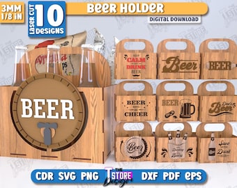 Paquete de portabotellas cortados con láser, patrón láser para portabotellas, regalo para el Día del Padre, caja decorativa de madera, caja portabotellas SVG, caja apilable para botellas