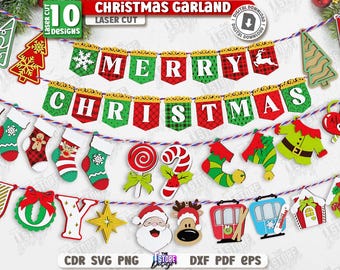 3d Christmas garland laser cut bundle, Xmas banners laser cut, Xmas layered garland svg, Christmas bunting banner svg, wall decor laser cut