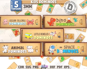3D Kinder Dominosteine Laserschnittbund, Tier Dominosteine Set, Holz Dino Kinderdomino, Montessori Spiel, Kinderspiel svg, Lernspielzeug