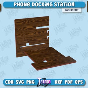 Op de afbeelding: Een lasergesneden telefoon docking station gemaakt van hout met een houtnerfpatroon. De station is 6 mm (1/4 inch) dik. Het ontwerp omvat een verticale standaard en een horizontale basis.