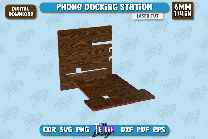Op de afbeelding: Een lasergesneden telefoon docking station gemaakt van hout met een houtnerfpatroon. De station is 6 mm (1/4 inch) dik. Het ontwerp omvat een verticale standaard en een horizontale basis.