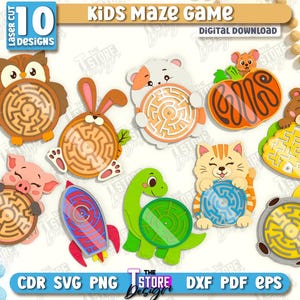 May include: A collection of 10 laser-cut kids' maze game designs. The designs feature various animal and object shapes, including an owl, rabbit, cat, dinosaur, and rocket. The text "KIDS MAZE GAME DIGITAL DOWNLOAD" is visible.
