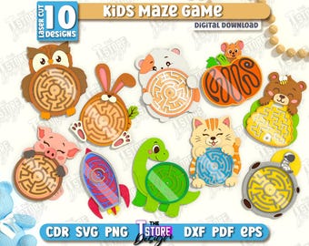 Wooden kids maze game laser cut bundle, 3d animal maze toys, kids maze puzzle lasercut, labyrinth game svg, montessori game, educational toy