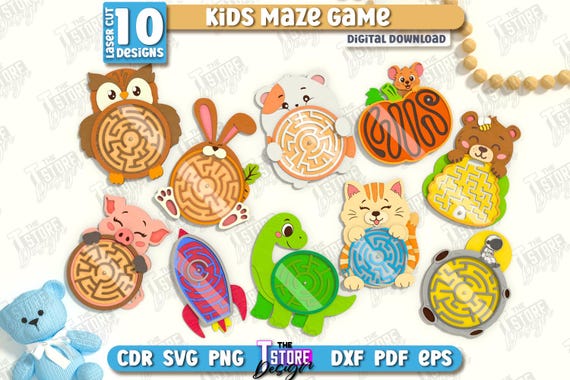Wooden kids maze game laser cut bundle, 3d animal maze toys, kids maze puzzle lasercut, labyrinth game svg, montessori game, educational toy
