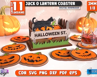 Jack o lantern coasters laser cut bundle, Halloween coasters set template, pumpkin scary face wooden coasters, Halloween table decor svg