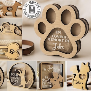 Puede incluir: Una colección de recuerdos para mascotas de madera cortada con láser en varias formas, incluyendo una huella de pata, un hueso de perro y siluetas de animales. Los diseños presentan texto personalizado. Medidas en cm.