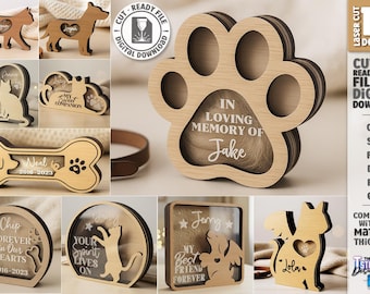 Lot de boîtes souvenir commémoratives personnalisées découpées au laser, cadeau pour amoureux des animaux de compagnie (fichiers svg, pdf, eps, png, dxf, cdr)