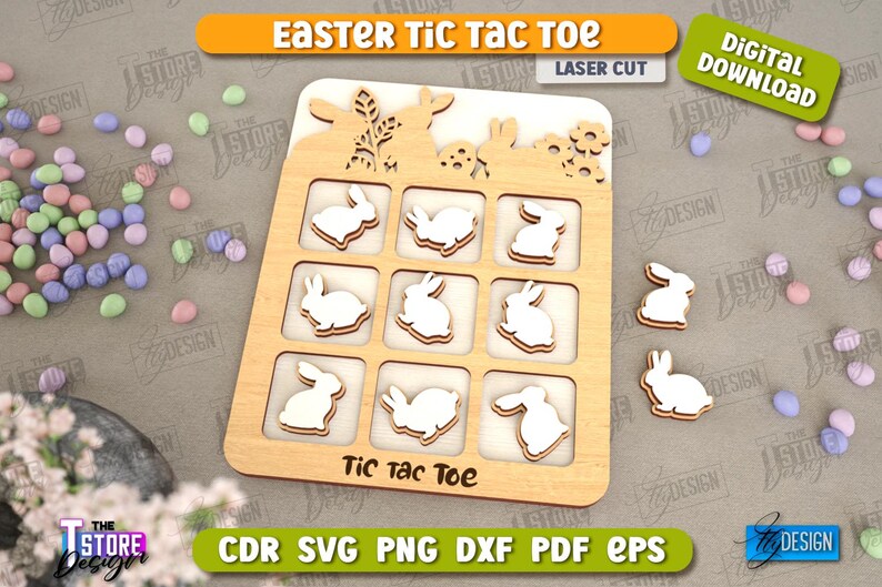 May include: A wooden Easter tic-tac-toe game featuring bunny silhouettes. The game board has nine squares, each containing a bunny silhouette. The board is surrounded by a decorative border with flowers and bunnies. The text "Tic Tac Toe" is printed on the board.