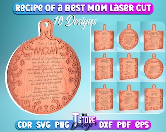 May include: A set of 10 laser cut designs for creating personalised gifts. The designs feature a recipe for a "Best Mum" with a variety of titles including "Mum", "Mommy", "Mom", "Grandma", and "Granny". The designs are in a light brown wood tone and feature intricate floral details.