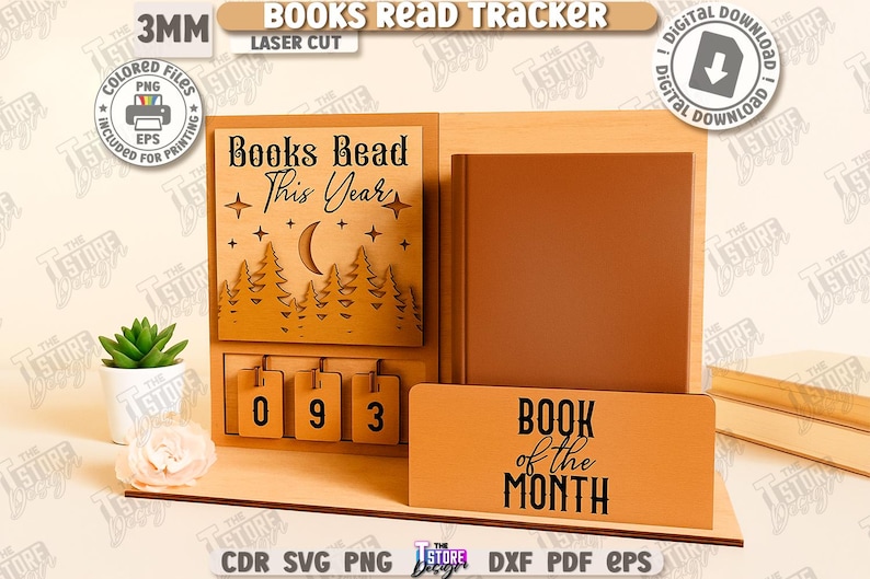 Puede incluir: Seguimiento de libros de madera con el texto "Books Read This Year" y "Book of the Month". El dise&ntilde;o incluye una escena de bosque y una luna. El rastreador tiene una secci&oacute;n para mostrar el n&uacute;mero de libros le&iacute;dos. Descarga digital incluida.