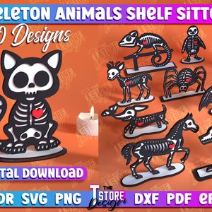 Skeleton Animals Shelf Sitter Laser cut, Halloween Shelf Sitter SVG, Shelf Sitter Laser Cut Bundle, Halloween Signs SVG, Halloween Decor SVG