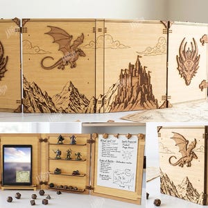 May include: A four-panel wooden dungeon master screen featuring laser-cut dragon and castle designs. The interior includes shelves for miniature figures, a tablet holder, and clips for paper notes. The material width is specified as 3mm.