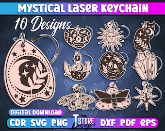 Mystical Keychain Laser Cut Files | Celestial Keychain laser cut| Boho Wooden Keyring | Magic Keychain Design | Witchy keychains | CNC Files