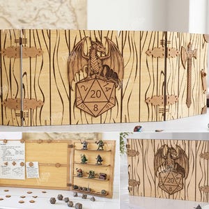 May include: A four-panel wooden dungeon master screen featuring laser-engraved wood grain patterns, a central dragon perched on a 20-sided die, a sword, and an axe. The interior includes shelves for miniatures, clips for papers, and a tablet holder.