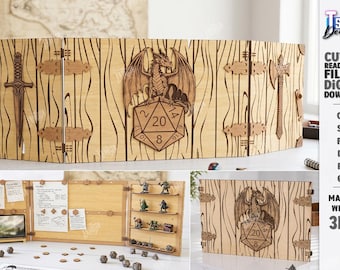 May include: A four-panel wooden dungeon master screen featuring laser-engraved wood grain patterns, a central dragon perched on a 20-sided die, a sword, and an axe. The interior includes shelves for miniatures, clips for papers, and a tablet holder.