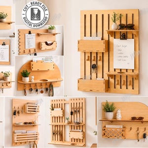 Può includere: Una collezione di design per organizzatori da parete in legno tagliati al laser, caratterizzati da varie configurazioni di mensole, ganci e contenitori. I file digitali includono 10 design in formato CDR, SVG, PNG, DXF, PDF ed EPS per uno spessore del materiale di 6 mm.